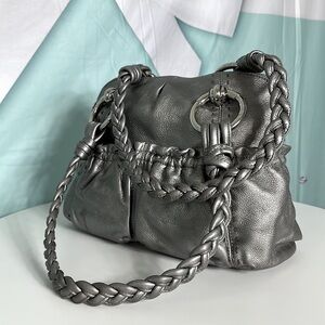 B. MAKOWSKI Pebbled Leather Hobo Bag A211928 Grey Pockets Braided Straps Classic